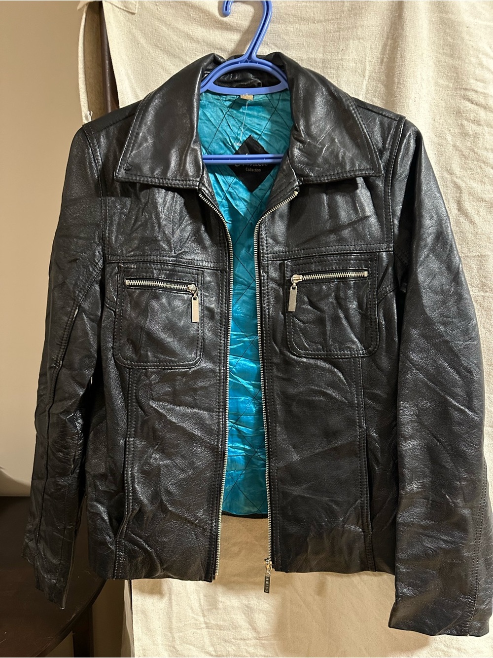 Amisu Vintage Black Leather Jacket with Teal Lining